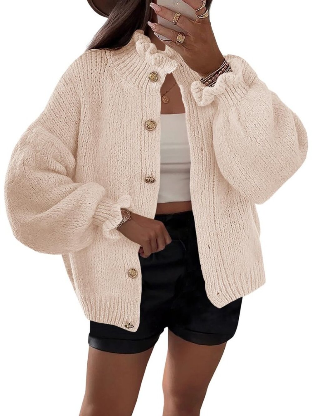 Womens Ruffle Cardigan Oversized Button Up Fall Trendy Ribbed Knit Open Front - Picture 8 of 8